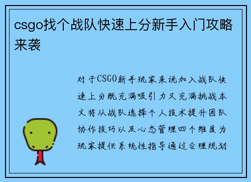 csgo找个战队快速上分新手入门攻略来袭